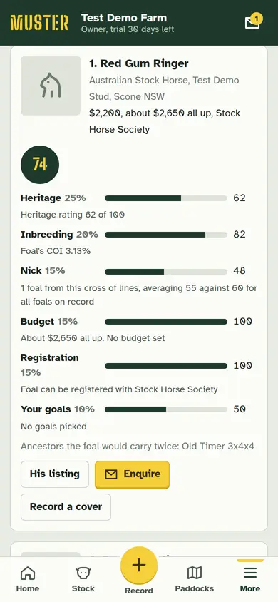 Sires ranked for a mare, with the reasons for each score
