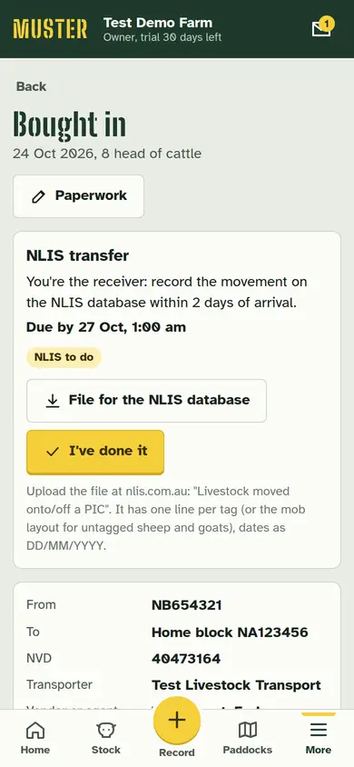 A purchase in Muster with its NLIS transfer and upload file
