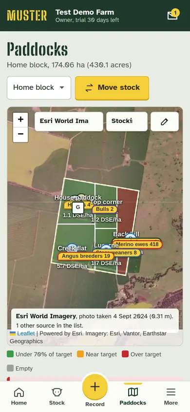 Paddocks on an aerial photo, coloured by stocking rate